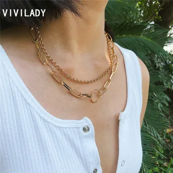 

VIVILADY Minimalist Style European Hot Double Layer Women Alloy Choker Necklace Trendy Wide Hollow Geometric Chain Lady Jewelry
