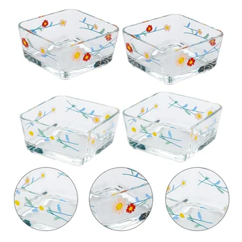 

4Pcs Daisy Pattern Glass Bowl Cute Fruits Salad Dessert Bowl Square Bowl