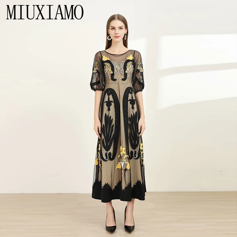 MIUXIMAO, высокое качество,, весеннее платье, роскошная Цветочная вышивка, марля, половина рукава, элегантное, черное, длинное платье для женщин, vestidos