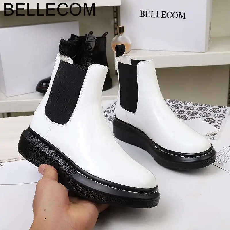 

2019 BELLECOM Autumn and Winter shoes Women's Leather Thick Bottom Chelsea ankle platform black ladies Boots woman for women