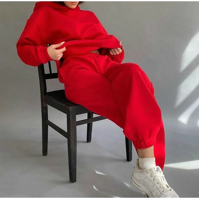 Women Elegant Solid Sets For Women Warm Hoodie Sweatshirts And Long Pant Fashion Two Piece Sets Ladies Lace Up Sweatshirt Suits