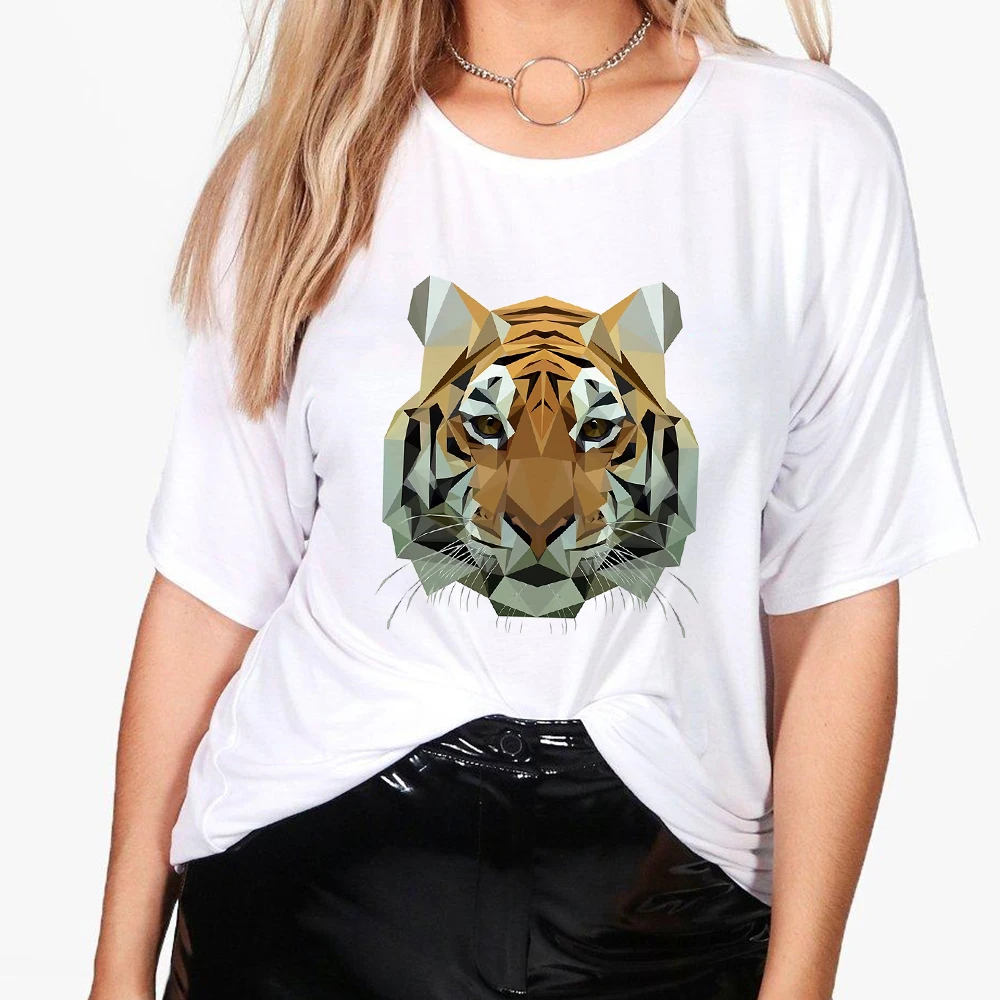 

Mighty Tiger Print Geometry Style Streetwear Women T-shirt Aesthetic Trend Punk Short sleeve Top Casual O-neck Oversize Tshirt