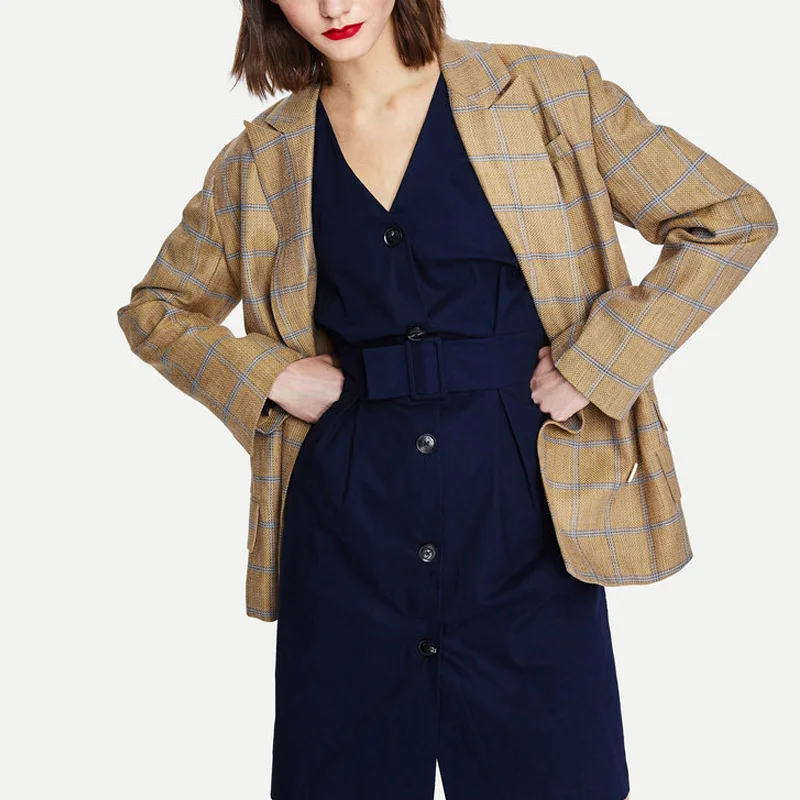 

Autumn and winter women's blazer loose style casual plaid double-breasted pocket decorative jacket blazer
