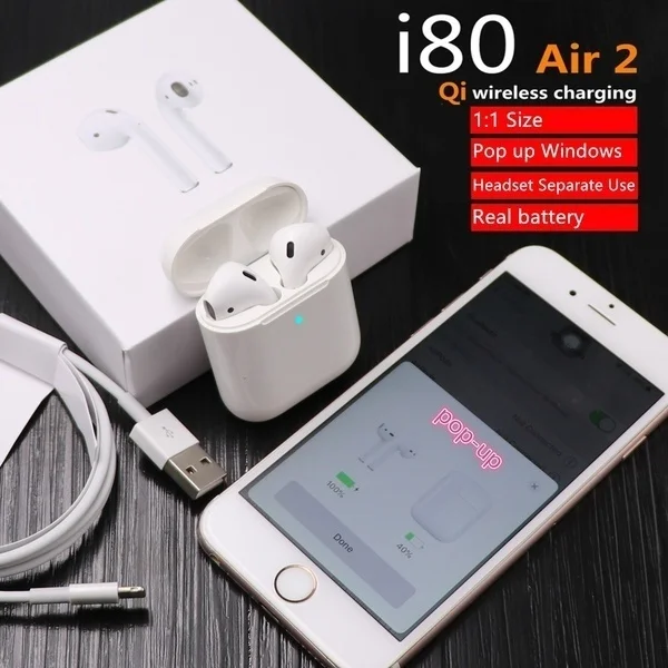 

i80 TWS 1:1 Bluetooth 5.0 Twins Earpieces Stereo Music Headset Replica Air 2 Separate Use Wireless Earphone QI Wireless Charging