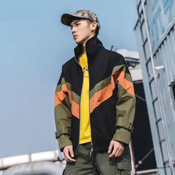 

Autumn Tooling Jacket Men's National Tide Street Word Contrast Color Stitching Function Coat Loose Top Coat