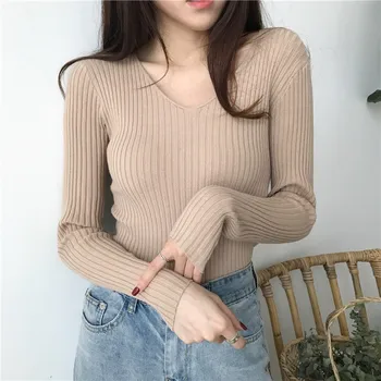 

Autumn Sweater For Women Casual V-Neck Sweaters Solid Color Winter Basic Ladies Warm Long Sleeve Jumpers T