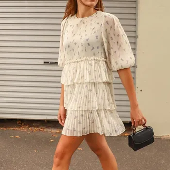

Women's Pleated Mini Dress Ruffles O-neck Half Puff Sleeve Print 2020 Summer New Female Short Robes