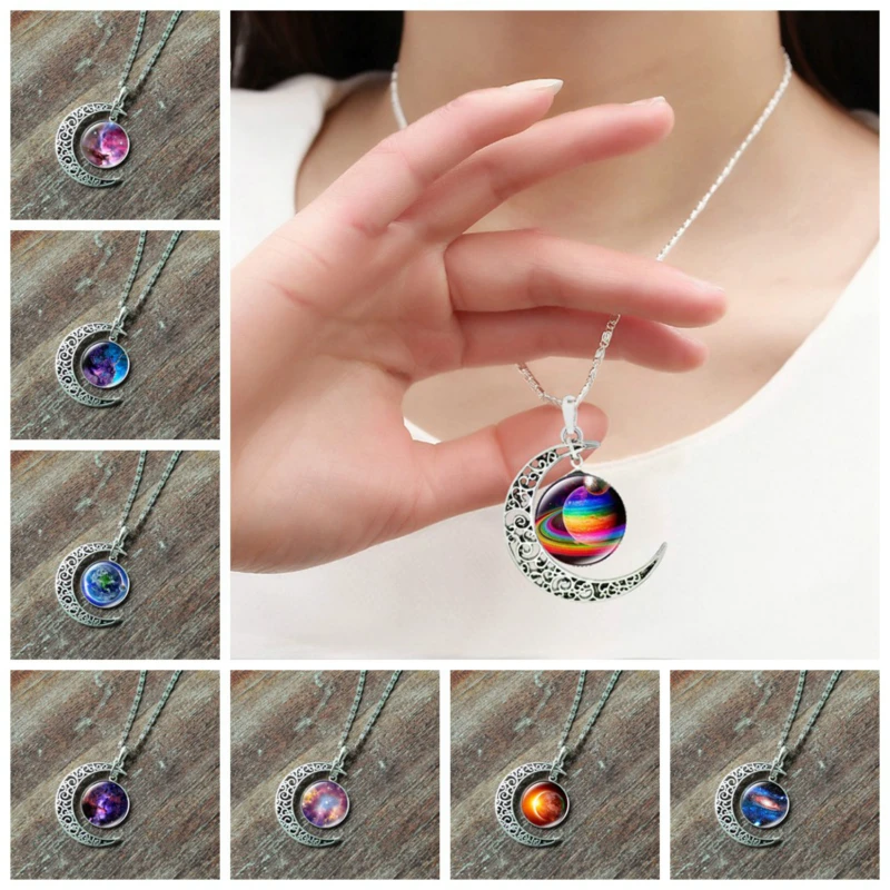 

New Unisex Crescent Moon Pendant Jewelry Universe Galaxy Planet Star Glass Cabochon Silver Chain Necklace for Women Party Gift
