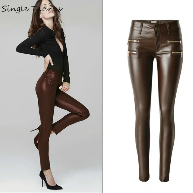 Коричневые обтягивающие брюки с низкой талией, женские джинсы с эффектом пуш-ап из искусственной кожи, женские модные эластичные кожаные брюки с имитацией молнии