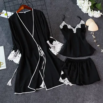 

3 Pieces Women Pajamas Sets Satin Sleepwear Silk Nightwear Pyjama Spaghetti Strap Nightgown A pair of removable chest pads