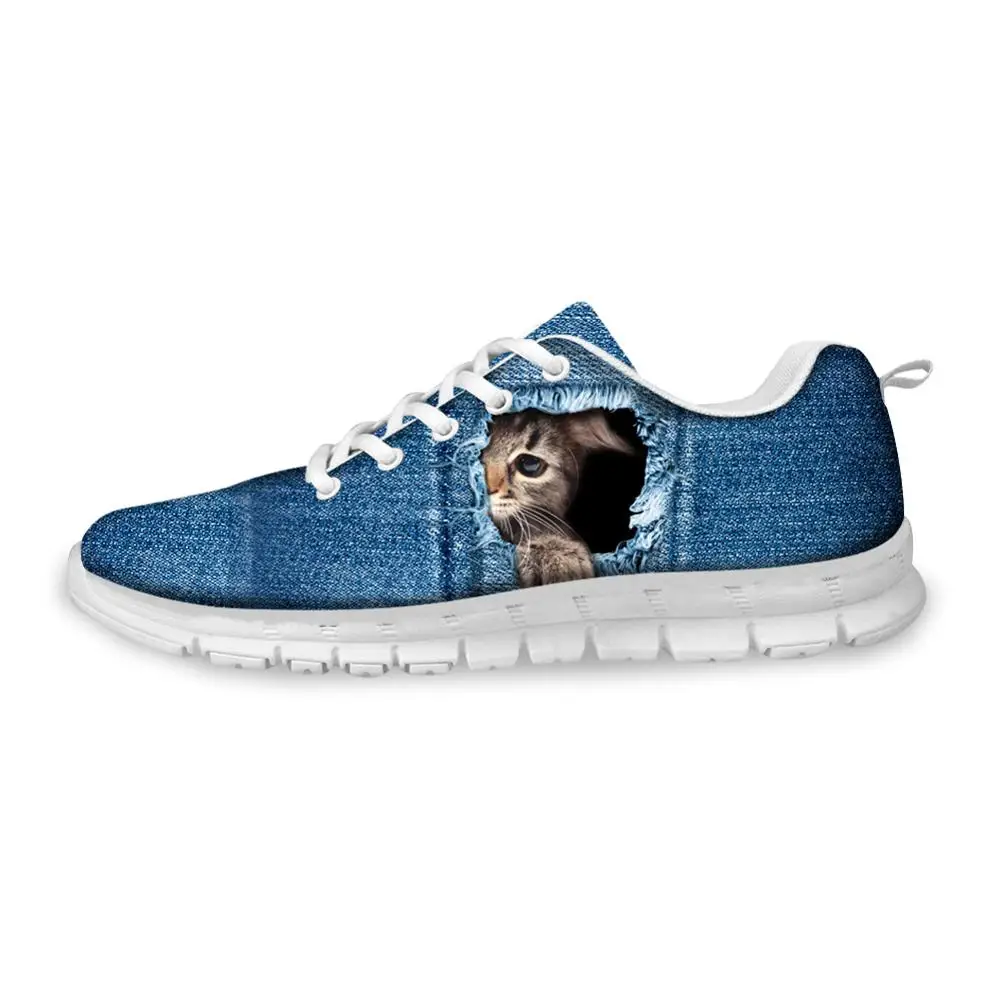 

Cute 3D Denim Cat Dog Pattern Running Shoes Women Flats Shoes Breathable Mesh Sneakers Woman Platform Casual Ladies Sport Shoes