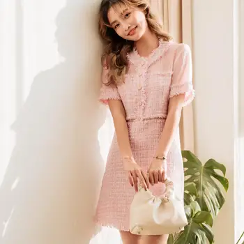 

Dress female 2020 summer new sweet short stitching dress small fragrant wind Korean version round neck A-line dress waist dress