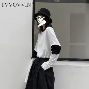 

loose Casual Patchwork Hit Color T Shirt Women Clothes 2020 Spring New Pullover Full Sleeve Match All Simple Tee Top XJ3913
