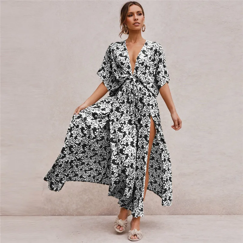 

Floral Print Womens Casual Dresses Sexy Deep V Neck Split Hollow Out Womens Bohemian Dresses Graceful Females Clothing