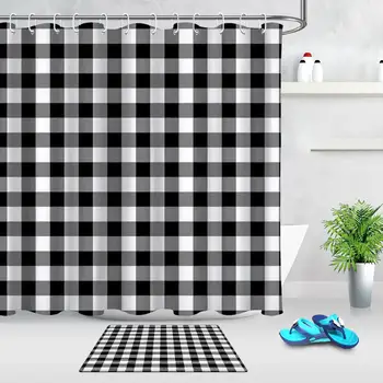 

Black White Shower Curtain Lattice Texture Bathroom Curtains Waterproof Fabric With 12 Hooks & Doormat Home Bathtub Decoration