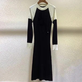 

Women Knitted Dress Winter Autumn O-neck Black And White Knitwear Casual Long Dress