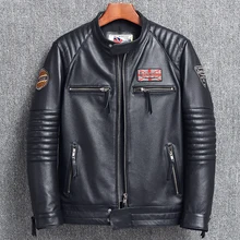 Черная Мужская мотоциклетная кожаная куртка американского стиля размера плюс XXXXXL из натуральной воловьей кожи, осенняя облегающая Байкерская кожаная куртка