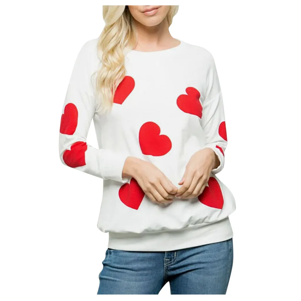 Roupas Femininas, Женская свободная футболка с длинным рукавом и принтом в виде сердца, женская футболка с круглым вырезом, топы, футболка с круглым вырезом, футболки-валентинки, толстовка