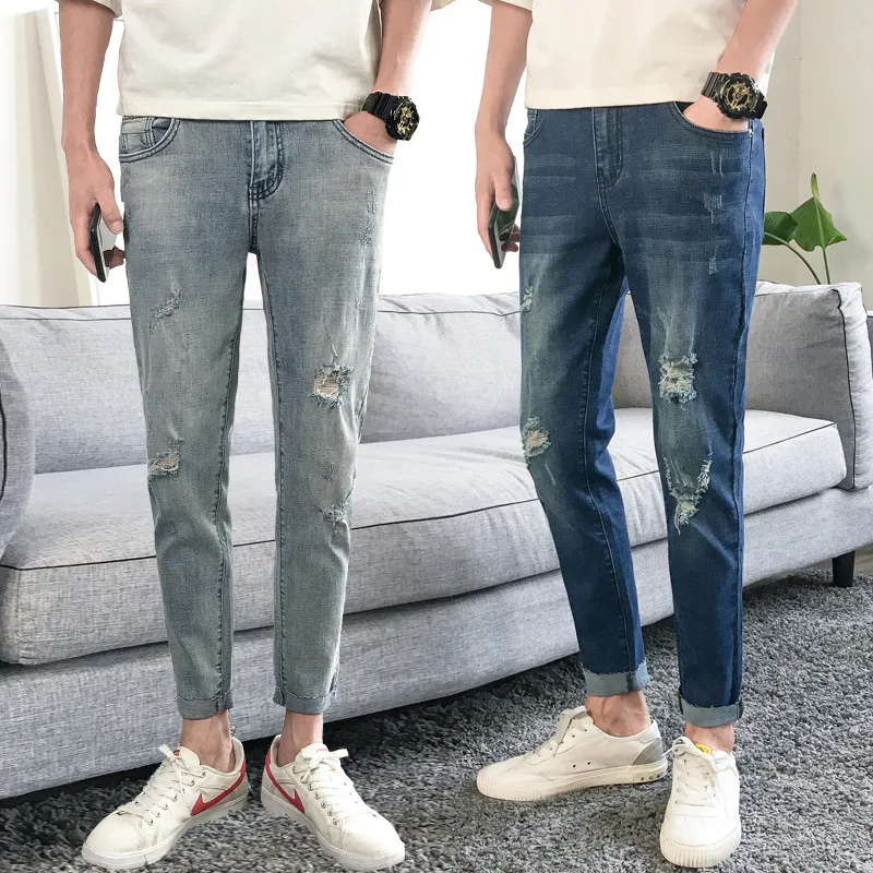 

men nine points jeans summer popular logo han edition cultivate morality hole in nine points feet pants joker pants