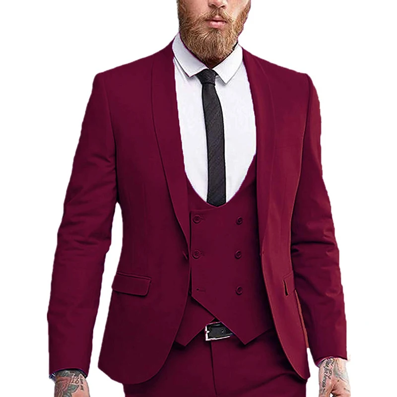 Двубортный жилет, мужской костюм, 3 предмета, приталенный, формальный, Деловой, с отворотом, смокинги для жениха, для свадьбы(Блейзер+ жилет+ брюки - Цвет: burgundy