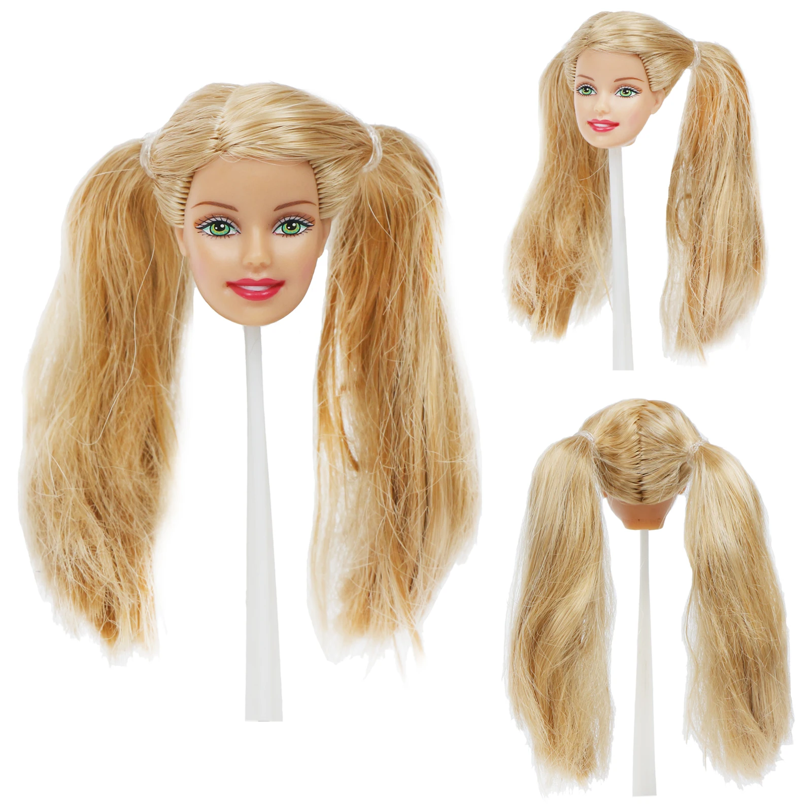 

Fashion Doll Head for 12'' Doll Blond Hair with 2 Cute Ponytail Green Eyes Young Makeup Kids DIY Dollhouse Accessories Toy 1/6
