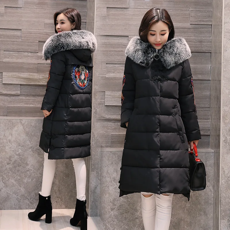 

2019 New Style Cotton-padded Clothes Korean-style Large Size Dress Mid-length Loose-Fit Elegant Embroidered Cotton Coat Large Fu