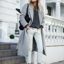 Серое однотонное длинное шерстяное пальто Элегантное повседневное шерстяное пальто с широкой талией и куртка с v-образным вырезом длинное женское пальто осень-зима