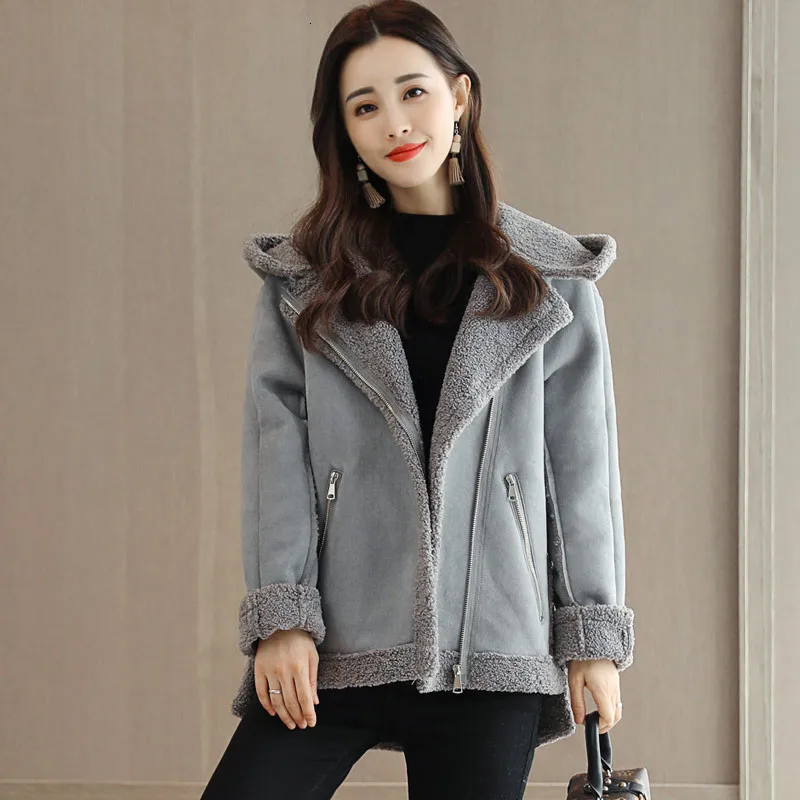 gray jacket Зимняя короткая замшевая куртка из искусственной кожи для женщин, большие размеры, женская зеленая теплая замшевая куртка, Женское пальто, женская ветровка более размера d - Цвет: gray jacket