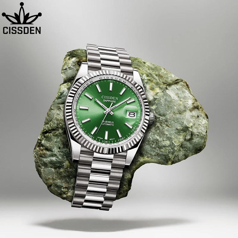 CISSDEN 2021 Men Mechanical Watch Top Brand Luxury Automatic Watch Sport Stainless Steel Waterproof 100M Watch Men NH35A Green