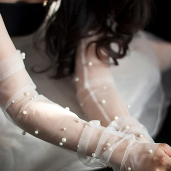 

Fingerless Bridal Gloves Tulle Wedding Gloves Sparkly Pearls Beads Gloves Bride Long Glove Photography Props Mesh Mittens women