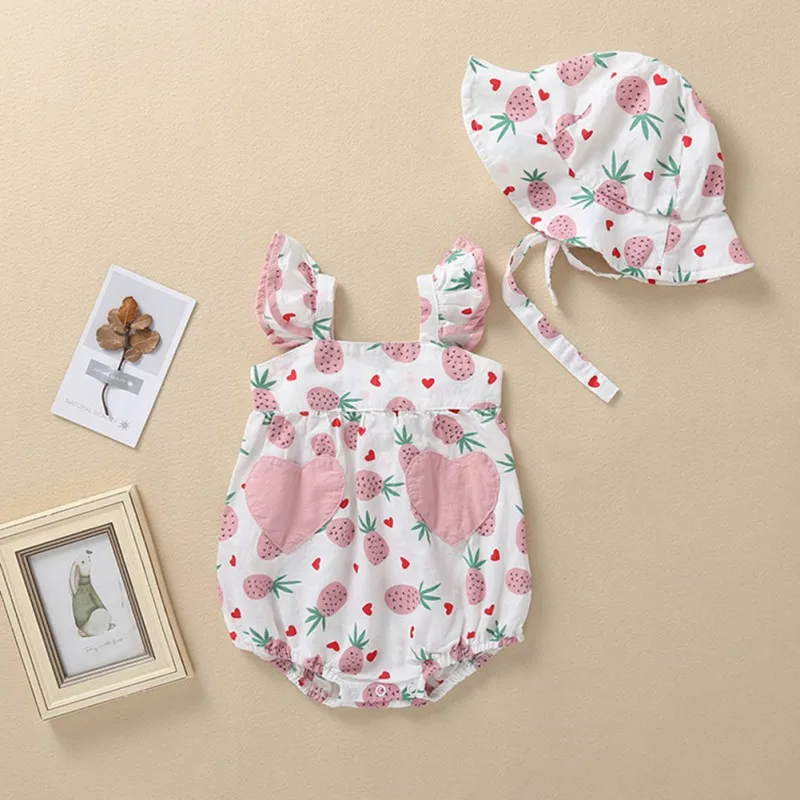 

Summer Newborn Baby Girls Pineapple Rompers Flare Sleeve Bodysuit Jumpsuit With Hat Set