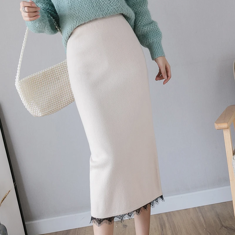 

2019 Stretch Autumn Winter Office Lady Pencil Skirt Work Wear Thick Elastic High Waist Slit Sexy Korean Knitted&Lace Women Skirt