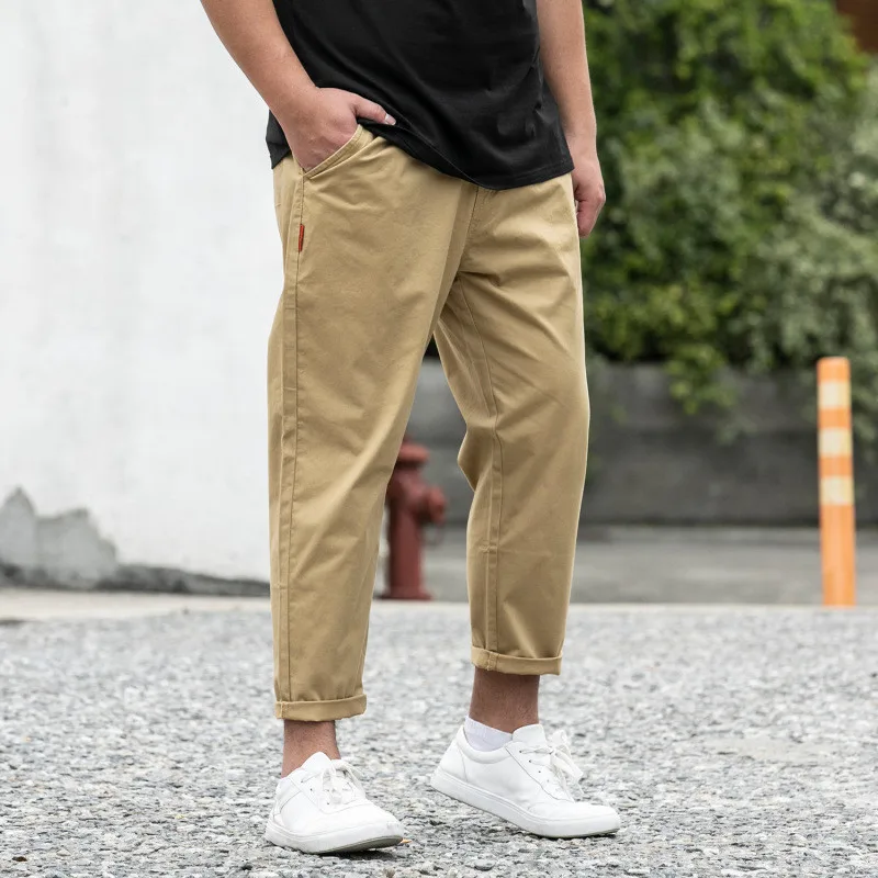1106 Khaki 9 pants Повседневные мужские брюки, летние мужские хлопковые повседневные брюки большого размера, мужские Модные свободные однотонные укороченные брюки большого размера - Цвет: 1106 Khaki 9 pants