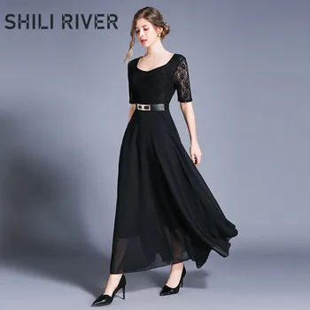 

2020 summer designer party long dress for women short sleeve slim casual lace chiffon elegant pleated swing full dresses belt