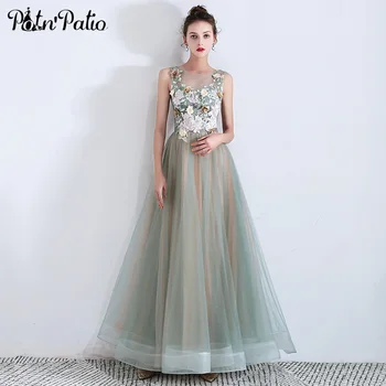 

Sleeveless Flower Prom Dresses Long Elegant O-neck A-line Floor-length Tulle Women Evening Gown For Wedding Party