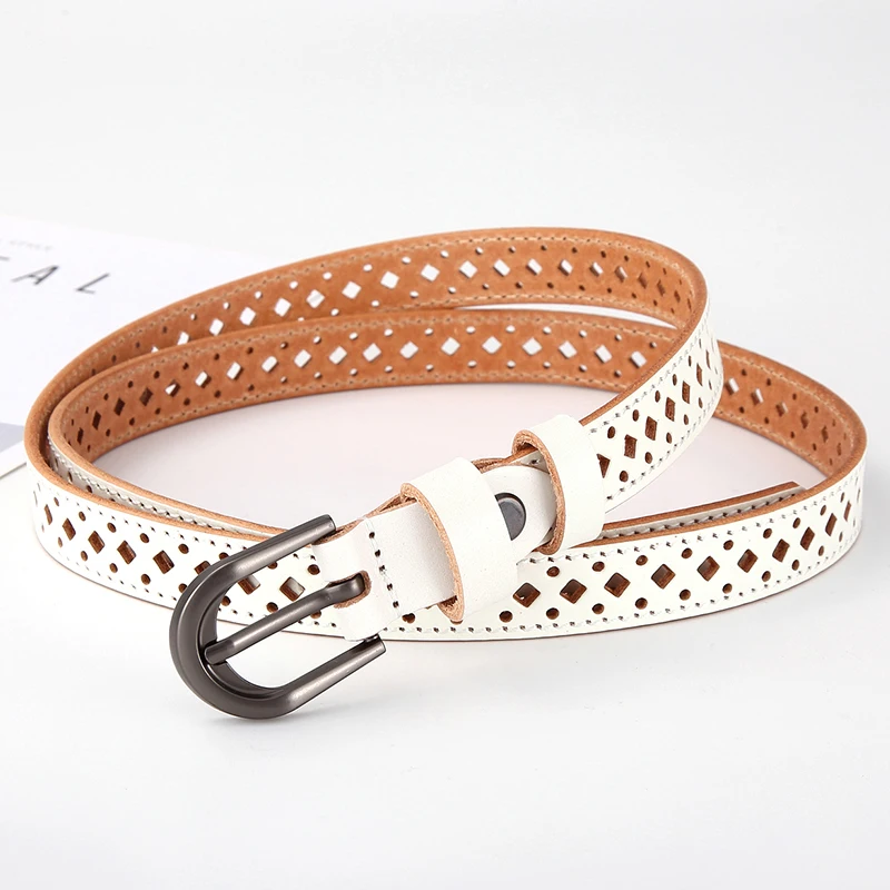 Woman Belts High Quality Cutout Strap Female Genuine Leather Cowhide Belt Adjustable Hollow Out belts for Lady Jeans Waistband - Цвет: Белый