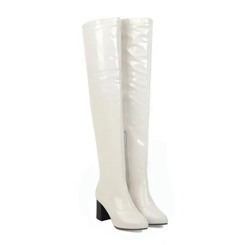 REAVE CAT winter Pointed Square Thick heels Over the knee long Boots Sexy Plus velvet Keep warm High heels Women boots Zipper