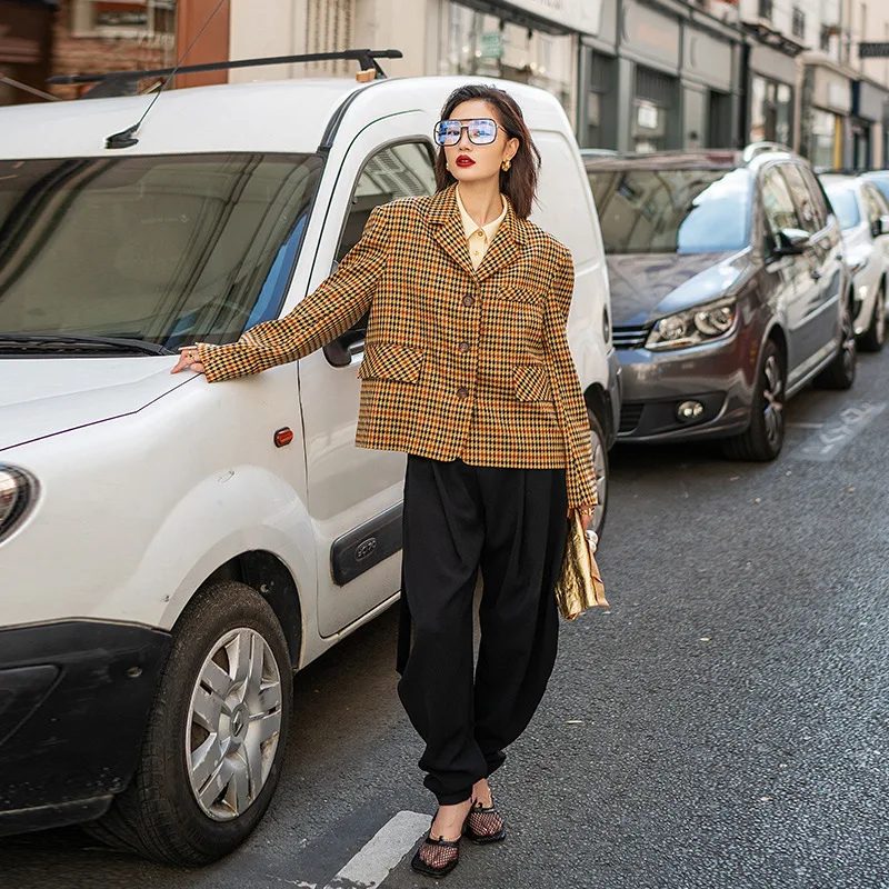 

2019 Network Red Plaid Short Suit Jacket Women's Fall And Winter Clothes New Style Korean-style Loose Retro Hong Kong Style Suit