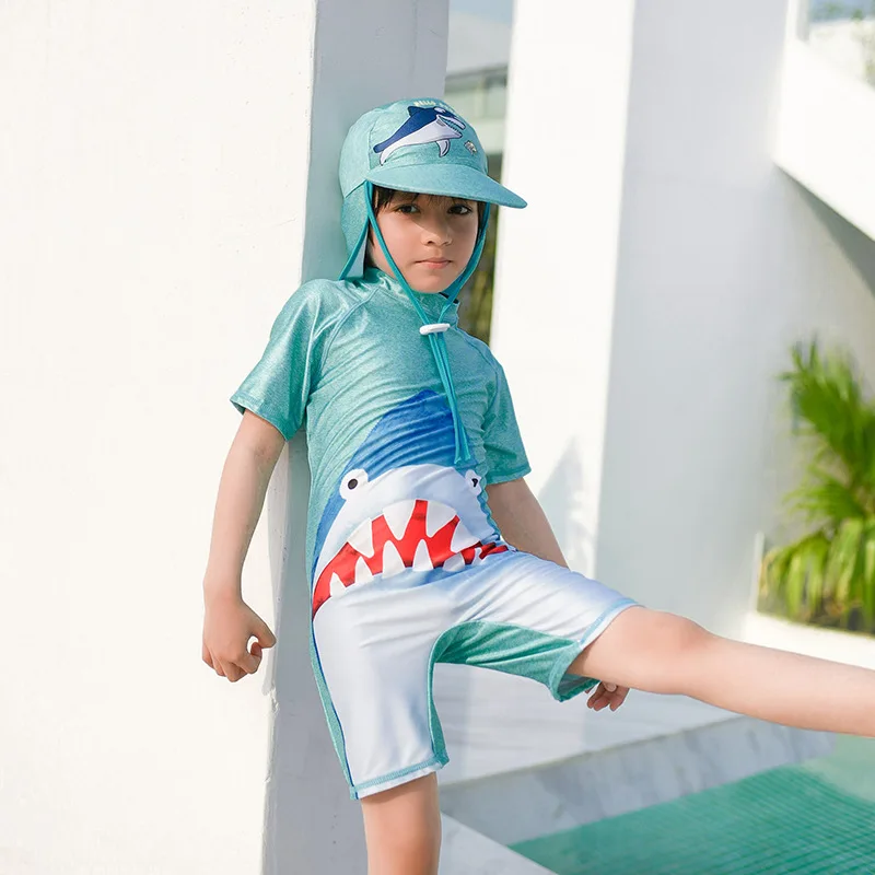 

Cute Shark Printed One-piece Boxer BOY'S with Swim Cap Bathing Suit CHILDREN'S Swimsuit Sun-resistant Quick-Dry Children Boy
