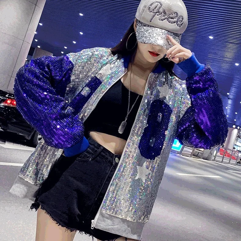 

Early Autumn New Coat Female Retro Hong Kong Flavor Ins Long-sleeved Heavy Industry Sequins Bf Lazy Wind Loose and Thin Tide