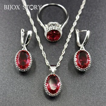 

BIJOX STORY 925 Sterling Silver Jewelry Set with Oval shape Ruby Sapphire Gemstone Ring Earrings Necklace for Women Wedding Gift