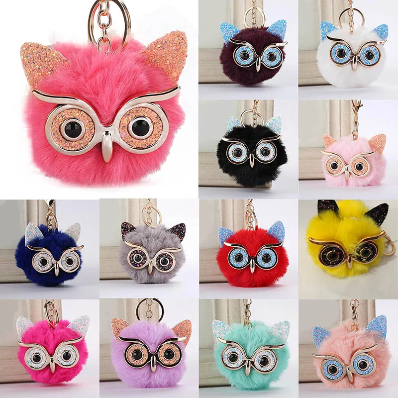 

Lovely Pompom Faux Fur Owl Pendant Keychains 2019 Alloy Sequins Car Key Ring Cute Animal Accessories Women Key Holder On The Bag