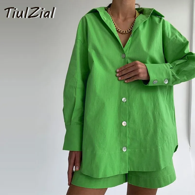 TiulZial Casual Frauen Kurze Set Trainingsanzug Loungewear Zwei Stück Frauen Outfits Übergroßen Langen Hemd Und Hohe Taille Shorts Grün