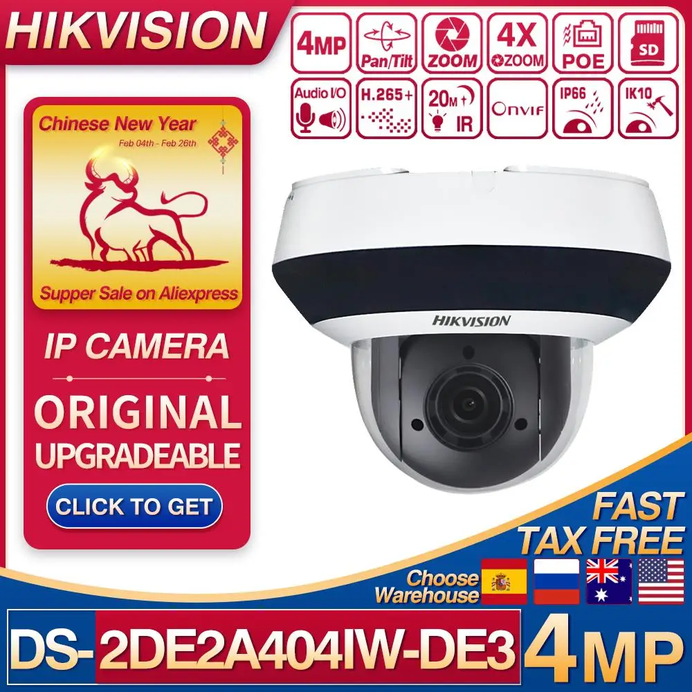 Hikvision DS-2DE2A404IW-DE3 4MP 4X Zoom IP Camera POE Network IPC Pan Tilt H.265+ IP66 IK10 SD Card Slot Audio I/O Dome CCTV PTZ