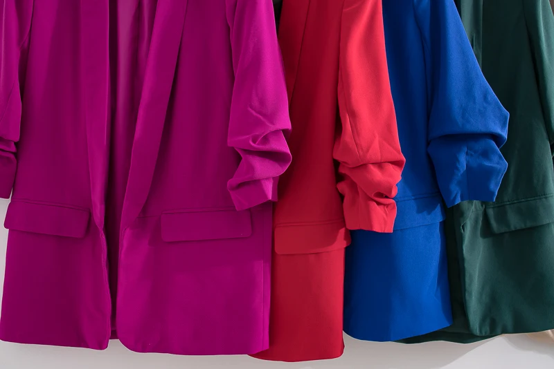 Long Blazer Women Solid Shawl Collar Pockets Office Blazers Female Outwear Tops Roll sleeve Women's Jacket And Blazer Coat