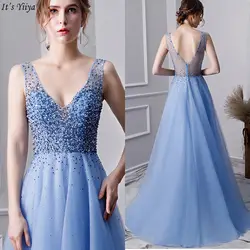 It's Yiya Вечернее Платье синее с v-образным вырезом без рукавов ТРАПЕЦИЕВИДНОЕ женское вечернее платье Бисероплетение с открытой спиной длина