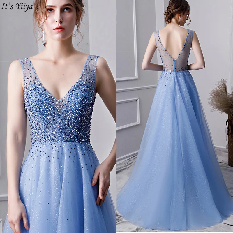 

It's Yiiya Evening Dress Blue V-Neck Sleeveless A-Line Women Party Dresses Beading Backless Floor-Length Robe De Soiree V110