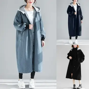 

2019 Long Trench Denim Coat Plus Size 6XL Women Fashion Autumn Winter Solid Hooded Elegant Windbreaker Long Coat