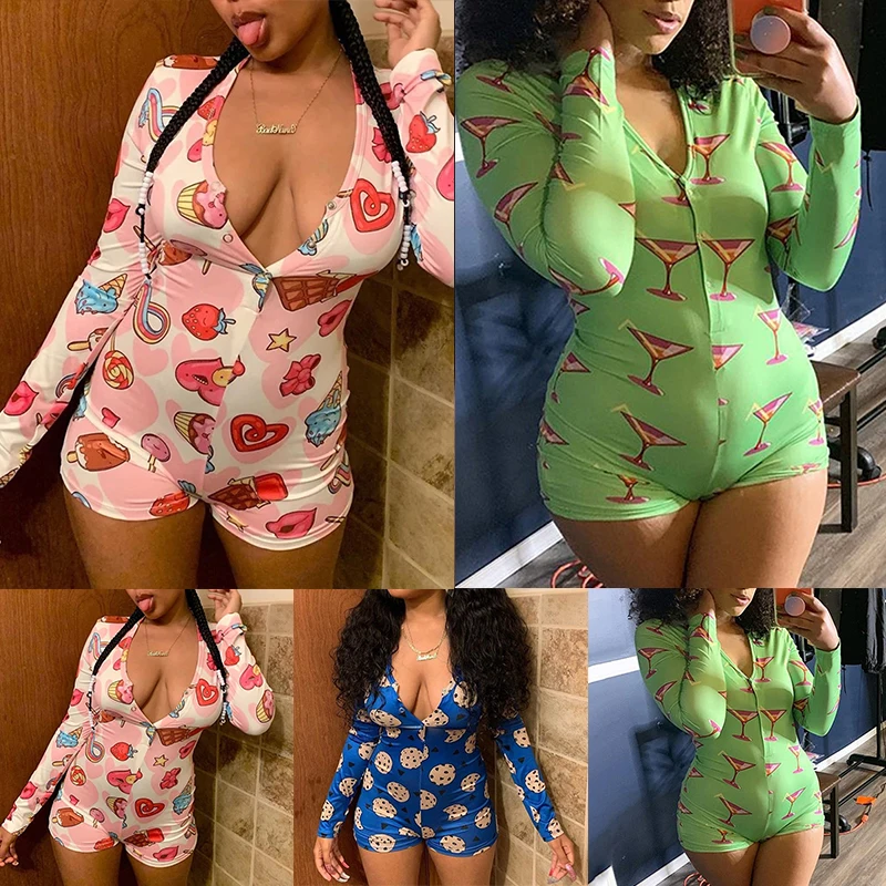 

Sexy Women Bodysuit Long Sleeve Deep V Neck Bodycon Stretch Leotard Crop Top Button Short Romper Pajamas Women Jumpsuit Overalls