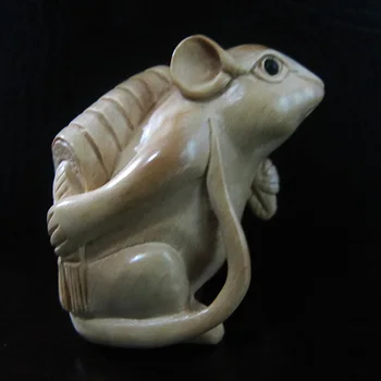 

2" Hand Carved Japanese Boxwood Netsuke - Hardworking Mouse Figurines - Q4043